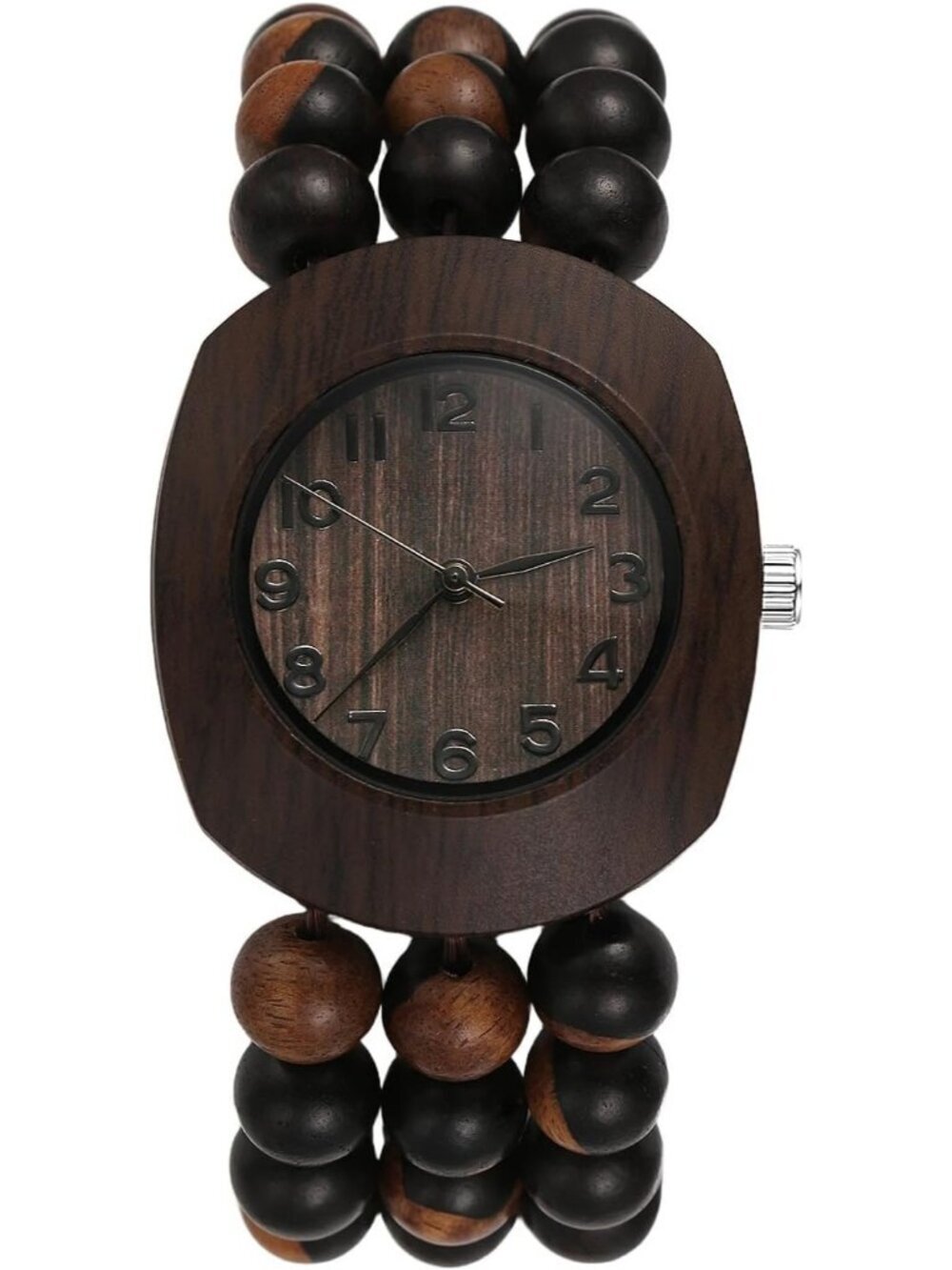Women's Dark Brown Analog Buddhist Beaded Bracelet Elastic Wrist Wooden Watch